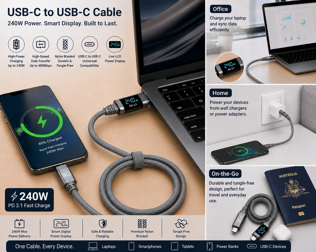 240W USB‑C to USB‑C Fast Charging Cable with LCD Power Display – Nylon Braided, Laptop‑Grade PD Cable (1M) - The Big Plus Store