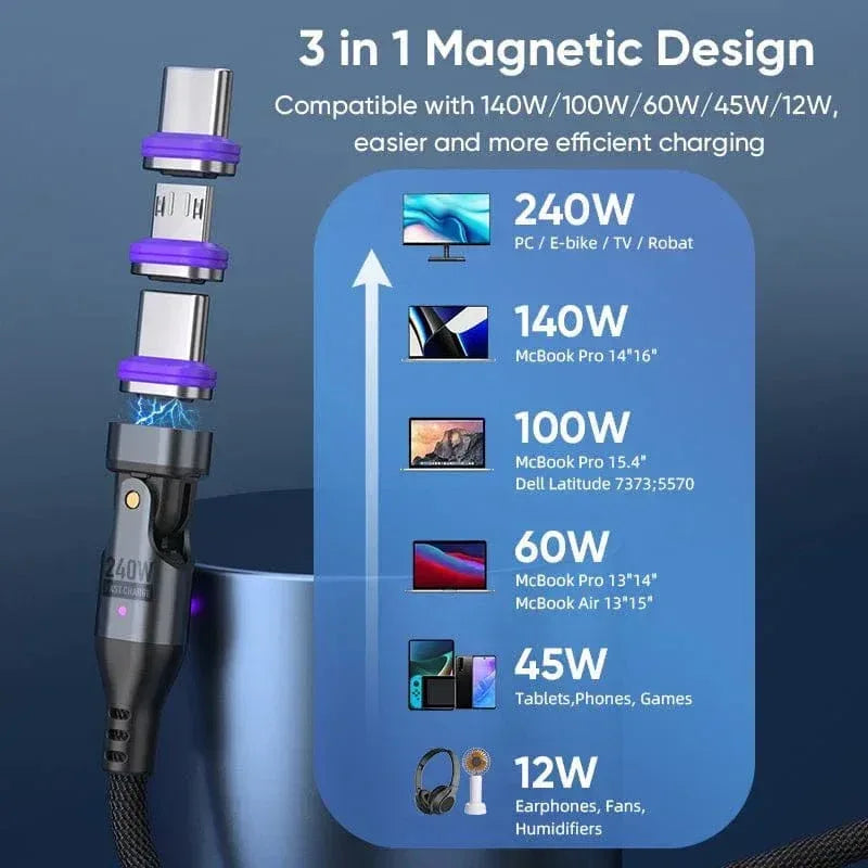240W Magnetic Charging Cable 2‑Pack – 6‑in‑1 Fast Charging, 180° Rotating USB‑C/Micro USB/i‑Device, Nylon Braided (1.8M & 1M) - The Big Plus Store