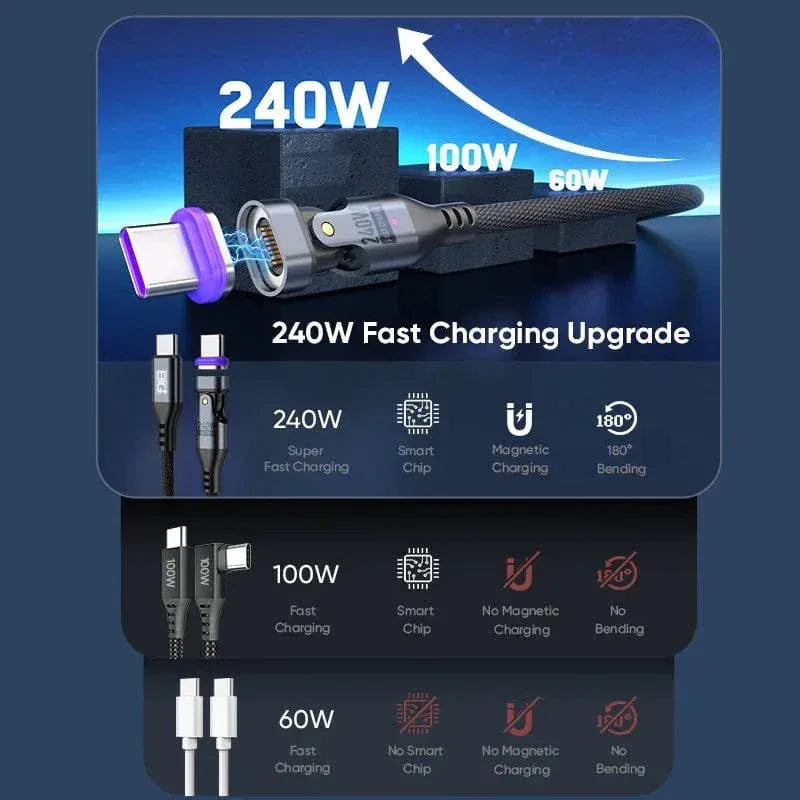 240W Magnetic Charging Cable 2‑Pack – 6‑in‑1 Fast Charging, 180° Rotating USB‑C/Micro USB/i‑Device, Nylon Braided (1.8M & 1M) - The Big Plus Store
