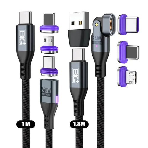 240W Magnetic Charging Cable 2‑Pack – 6‑in‑1 Fast Charging, 180° Rotating USB‑C/Micro USB/i‑Device, Nylon Braided (1.8M & 1M) - The Big Plus Store