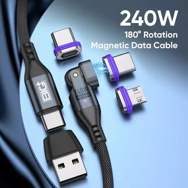 240W Magnetic Charging Cable 2‑Pack – 6‑in‑1 Fast Charging, 180° Rotating USB‑C/Micro USB/i‑Device, Nylon Braided (1.8M & 1M) - The Big Plus Store