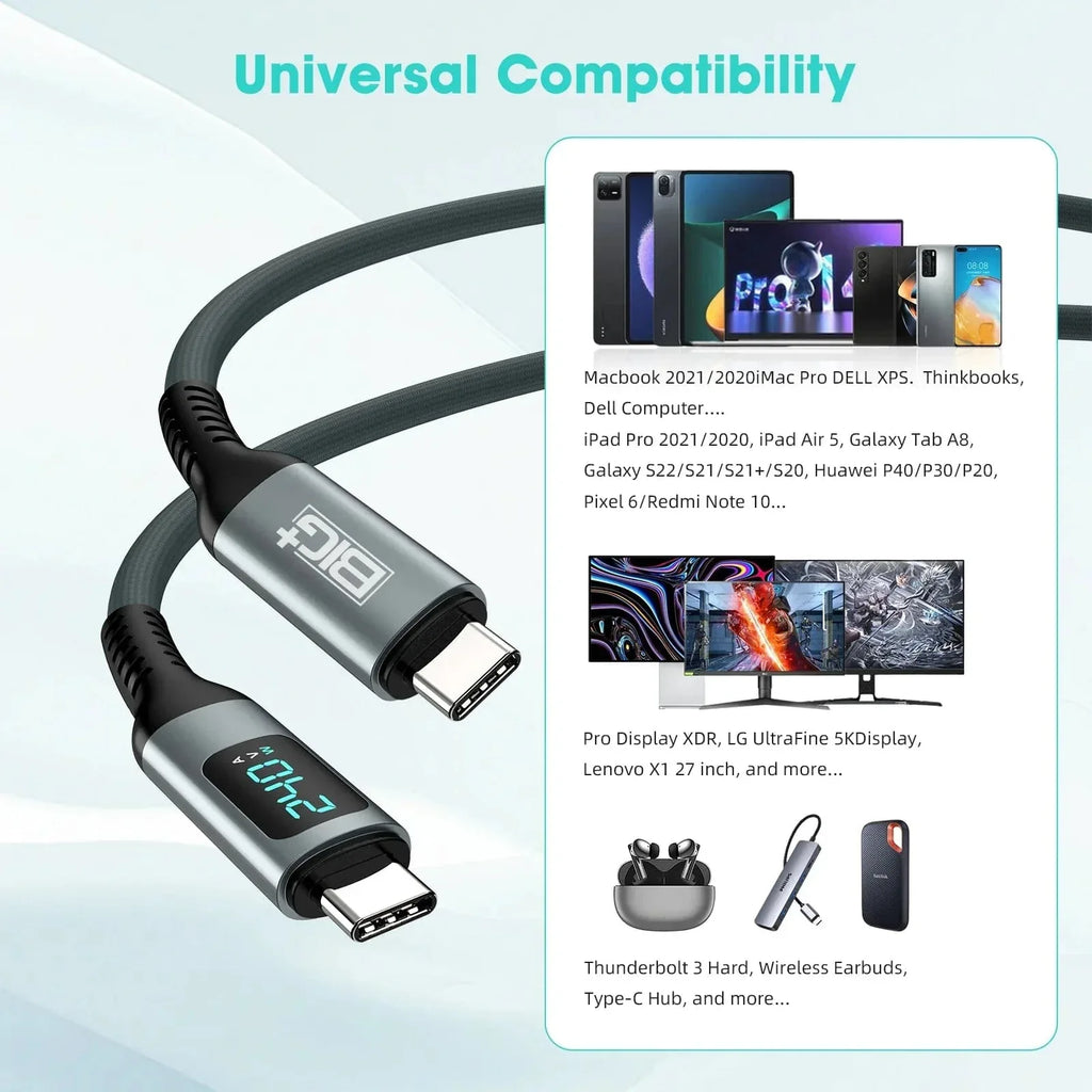 240W USB‑C to USB‑C Fast Charging Cable with LCD Power Display – Nylon Braided, Laptop‑Grade PD Cable (1M) - The Big Plus Store