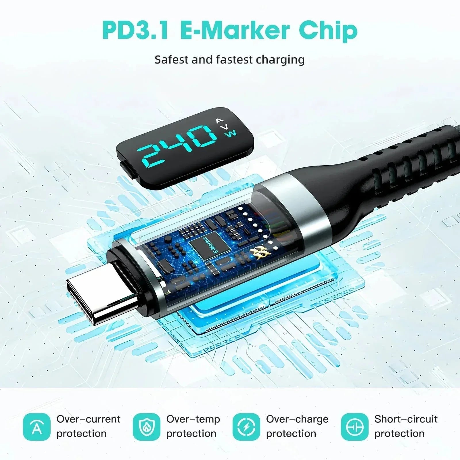 240W USB‑C to USB‑C Fast Charging Cable with LCD Power Display – Nylon Braided, Laptop‑Grade PD Cable (1M) - The Big Plus Store