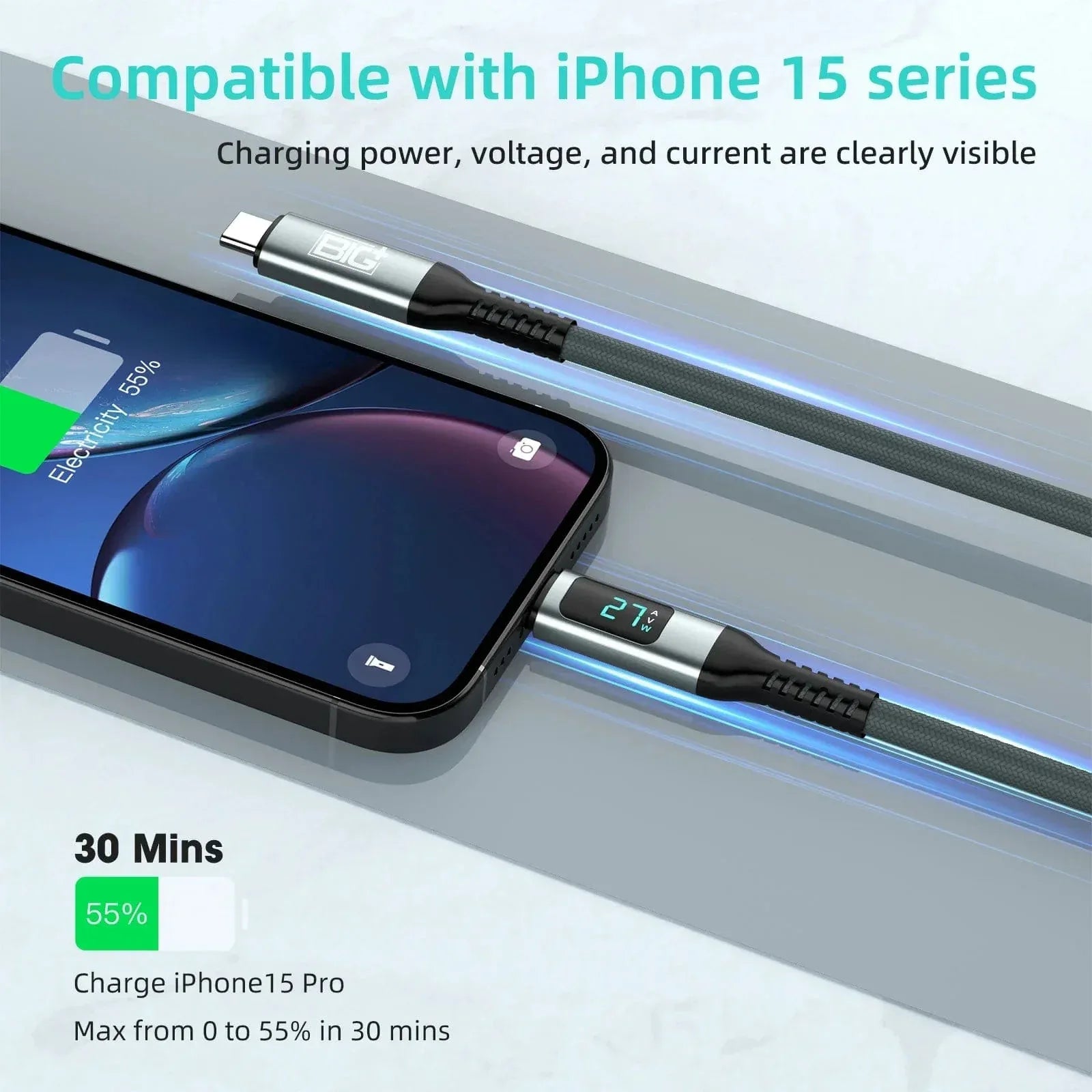 240W USB‑C to USB‑C Fast Charging Cable with LCD Power Display – Nylon Braided, Laptop‑Grade PD Cable (1M) - The Big Plus Store