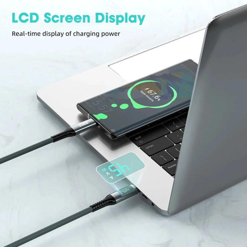 240W USB‑C to USB‑C Fast Charging Cable with LCD Power Display – Nylon Braided, Laptop‑Grade PD Cable (1M) - The Big Plus Store