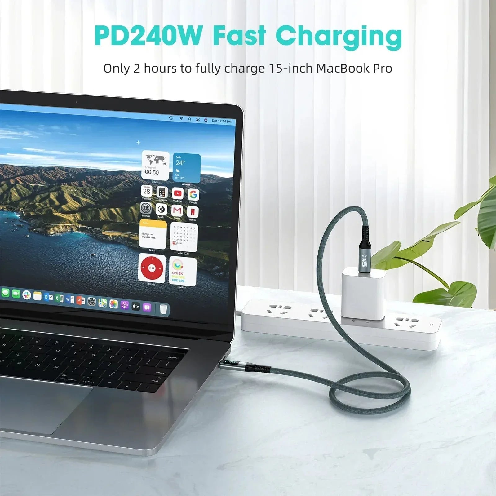240W USB‑C to USB‑C Fast Charging Cable with LCD Power Display – Nylon Braided, Laptop‑Grade PD Cable (1M) - The Big Plus Store