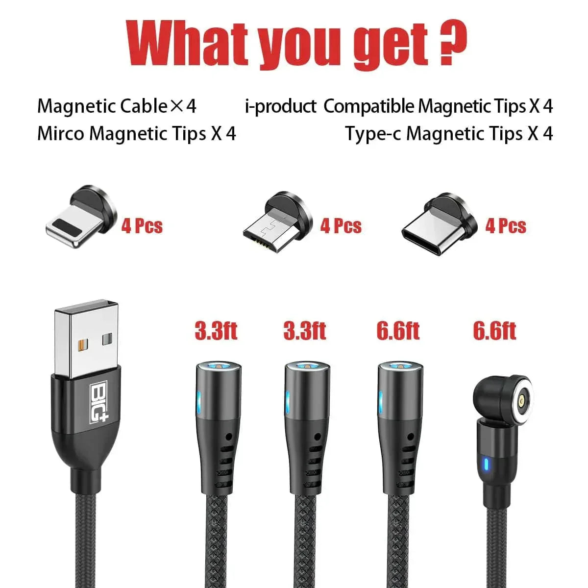 Magnetic Charging Cable 4‑Pack – 3‑in‑1 USB Cable with 360° Auto‑Connect, LED Light & Nylon Braided Design (3.3ft & 6.6ft) - The Big Plus Store