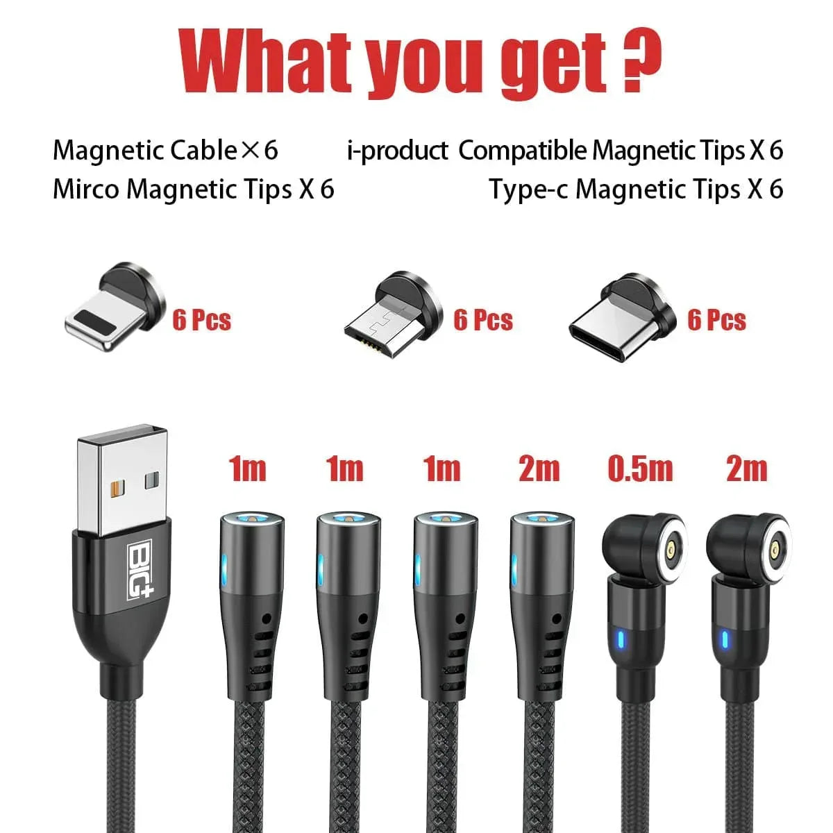 Magnetic Charging Cable 6‑Pack – 3‑in‑1 USB Cable with 360° Rotation, LED Light & Nylon Braided Design (0.5M, 1M, 2M) - The Big Plus Store