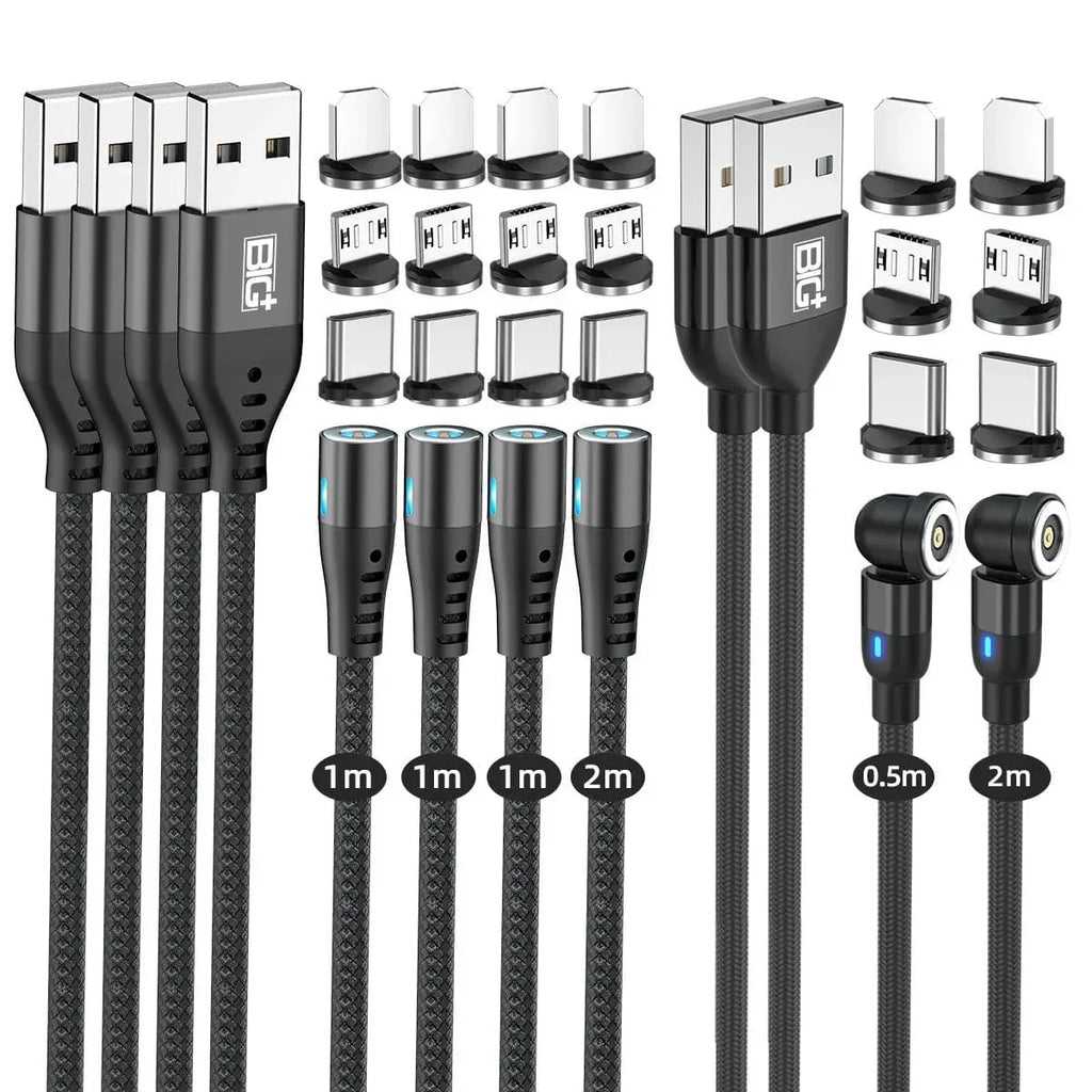 Magnetic Charging Cable 6‑Pack – 3‑in‑1 USB Cable with 360° Rotation, LED Light & Nylon Braided Design (0.5M, 1M, 2M) - The Big Plus Store