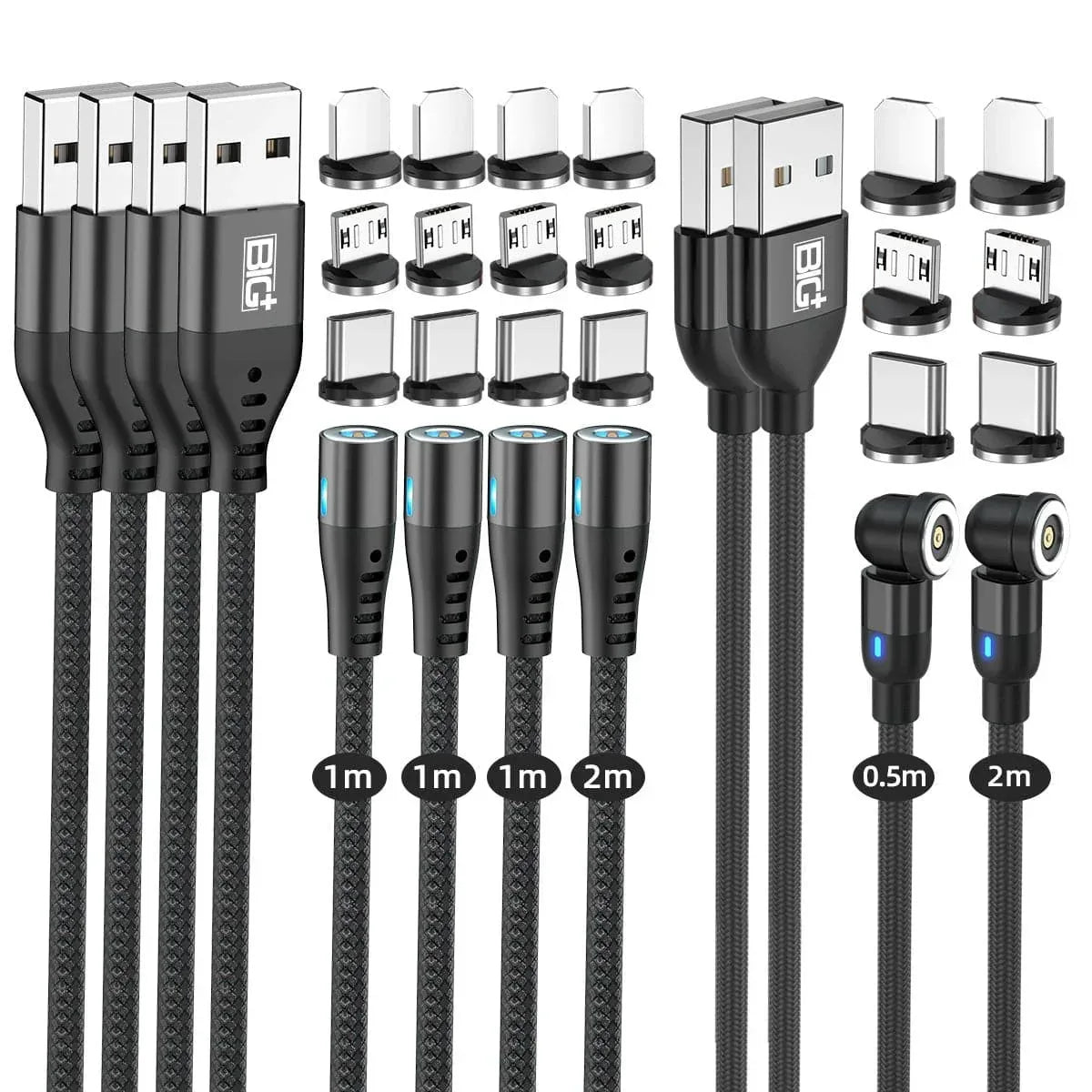 Magnetic Charging Cable 6‑Pack – 3‑in‑1 USB Cable with 360° Rotation, LED Light & Nylon Braided Design (0.5M, 1M, 2M) - The Big Plus Store