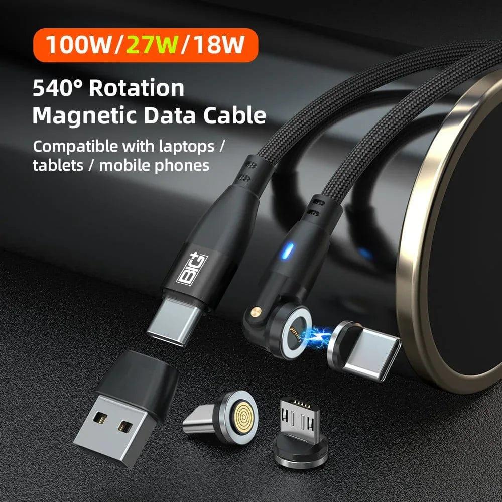 Magnetic USB‑C Charging Cable 2‑Pack (100W) – 540° Swivel Head, 6‑in‑1 Fast Charging, Nylon Braided (2M & 1M) - The Big Plus Store
