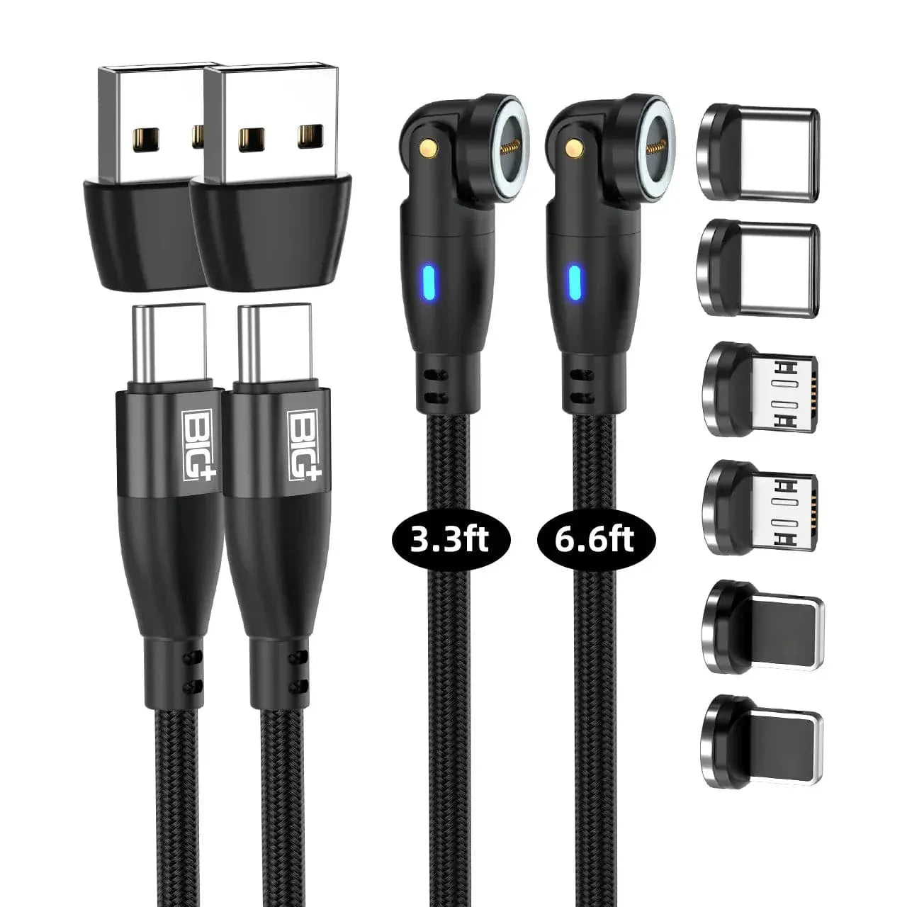 Magnetic USB‑C Charging Cable 2‑Pack (100W) – 540° Swivel Head, 6‑in‑1 Fast Charging, Nylon Braided (2M & 1M) - The Big Plus Store