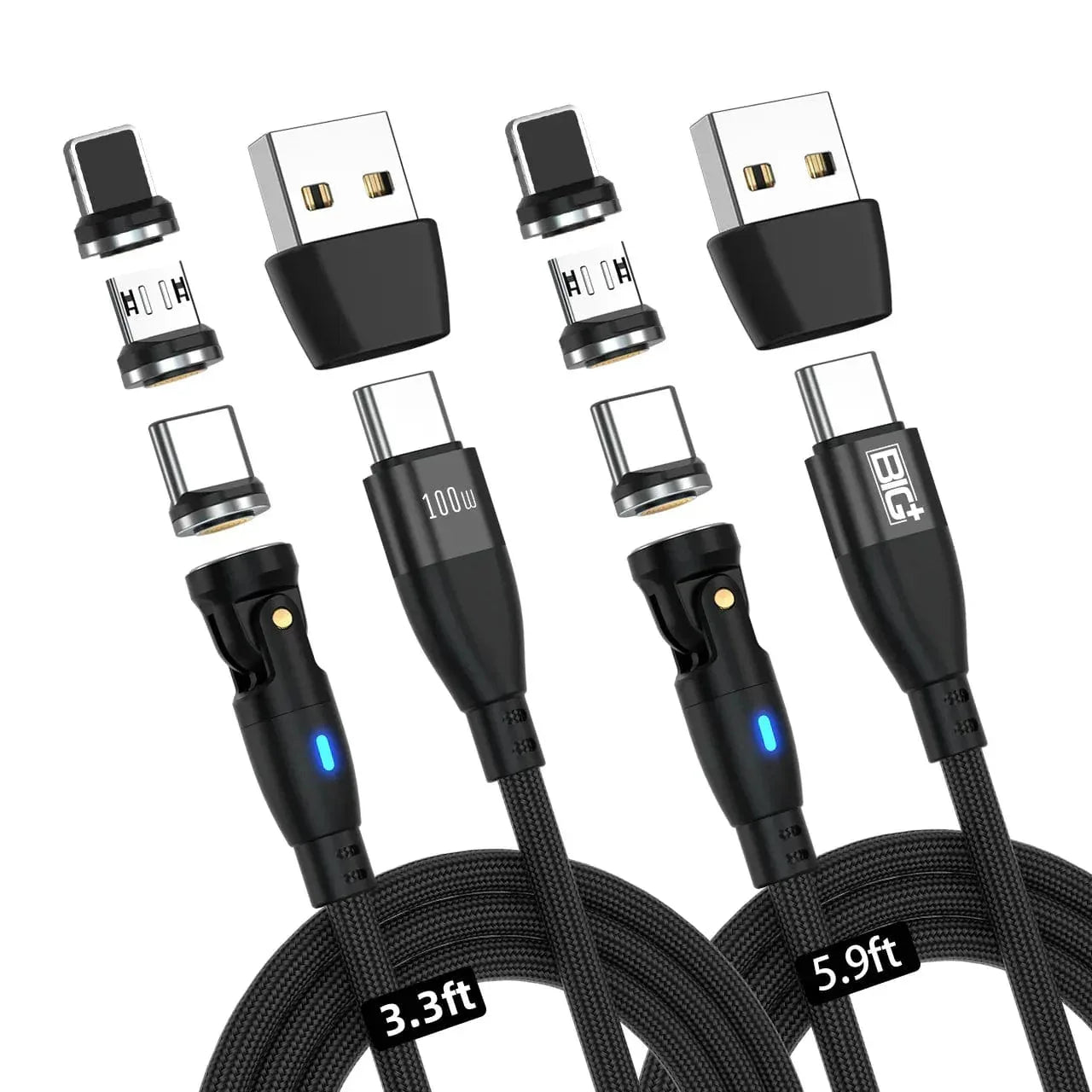 Magnetic USB‑C Charging Cable 2‑Pack (100W) – 540° Swivel Head, 6‑in‑1 Fast Charging, Nylon Braided (2M & 1M) - The Big Plus Store
