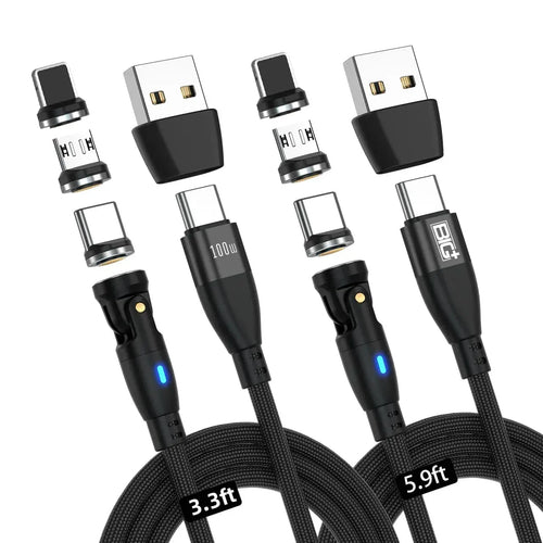 Magnetic USB‑C Charging Cable 2‑Pack (100W) – 540° Swivel Head, 6‑in‑1 Fast Charging, Nylon Braided (2M & 1M) - The Big Plus Store