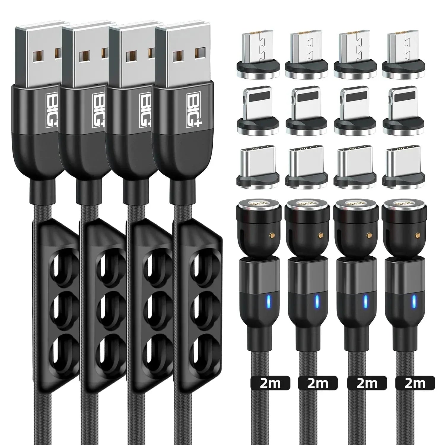 BIG+ Magnetic Fast Charging Cable 540° Rotating Heads Black 4 Pack - The Big Plus Store