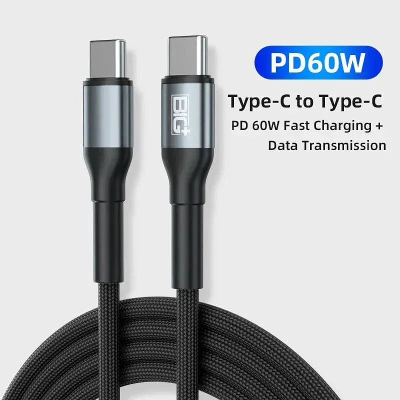 BIG+ USB‑C to USB‑C Cable 2‑Pack (2M) – 60W PD Fast Charging, 3A Nylon Braided, 480Mbps Data Transfer - The Big Plus Store