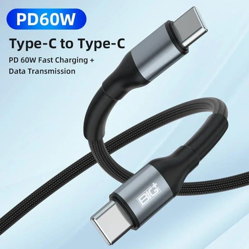 BIG+ USB‑C to USB‑C Cable 2‑Pack (2M) – 60W PD Fast Charging, 3A Nylon Braided, 480Mbps Data Transfer - The Big Plus Store