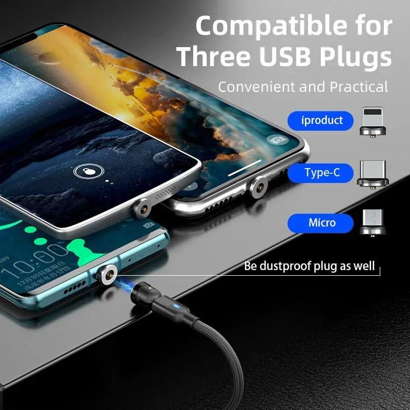 Magnetic Charging Cable 3‑Pack – 360° + 180° Rotating Head, Strong Magnetic Lock, LED Light, Nylon Braided (Normal Charging) - The Big Plus Store