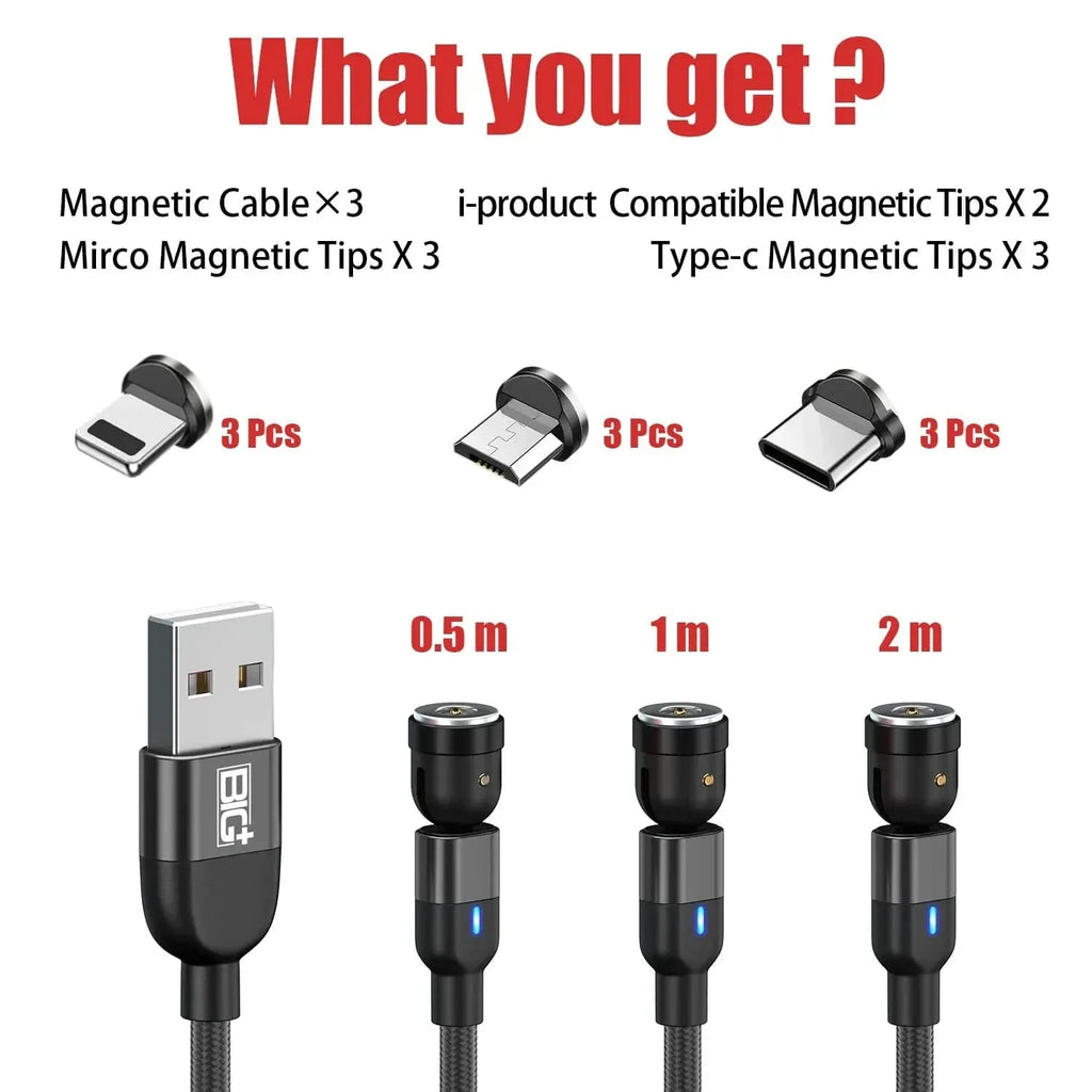 Magnetic Charging Cable 3‑Pack – 360° + 180° Rotating Head, Strong Magnetic Lock, LED Light, Nylon Braided (Normal Charging) - The Big Plus Store