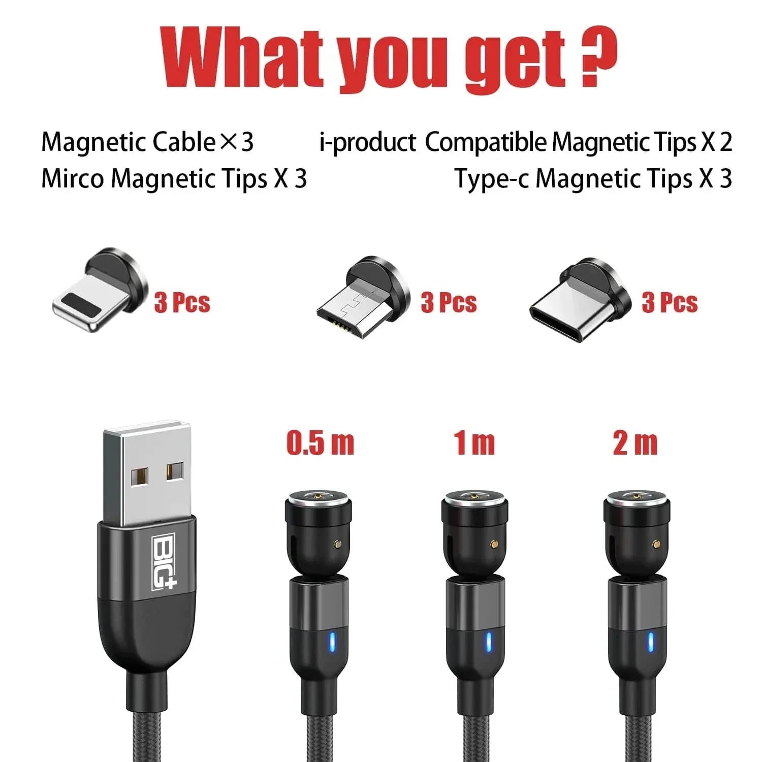 Magnetic Charging Cable 3‑Pack – 360° + 180° Rotating Head, Strong Magnetic Lock, LED Light, Nylon Braided (Normal Charging) - The Big Plus Store