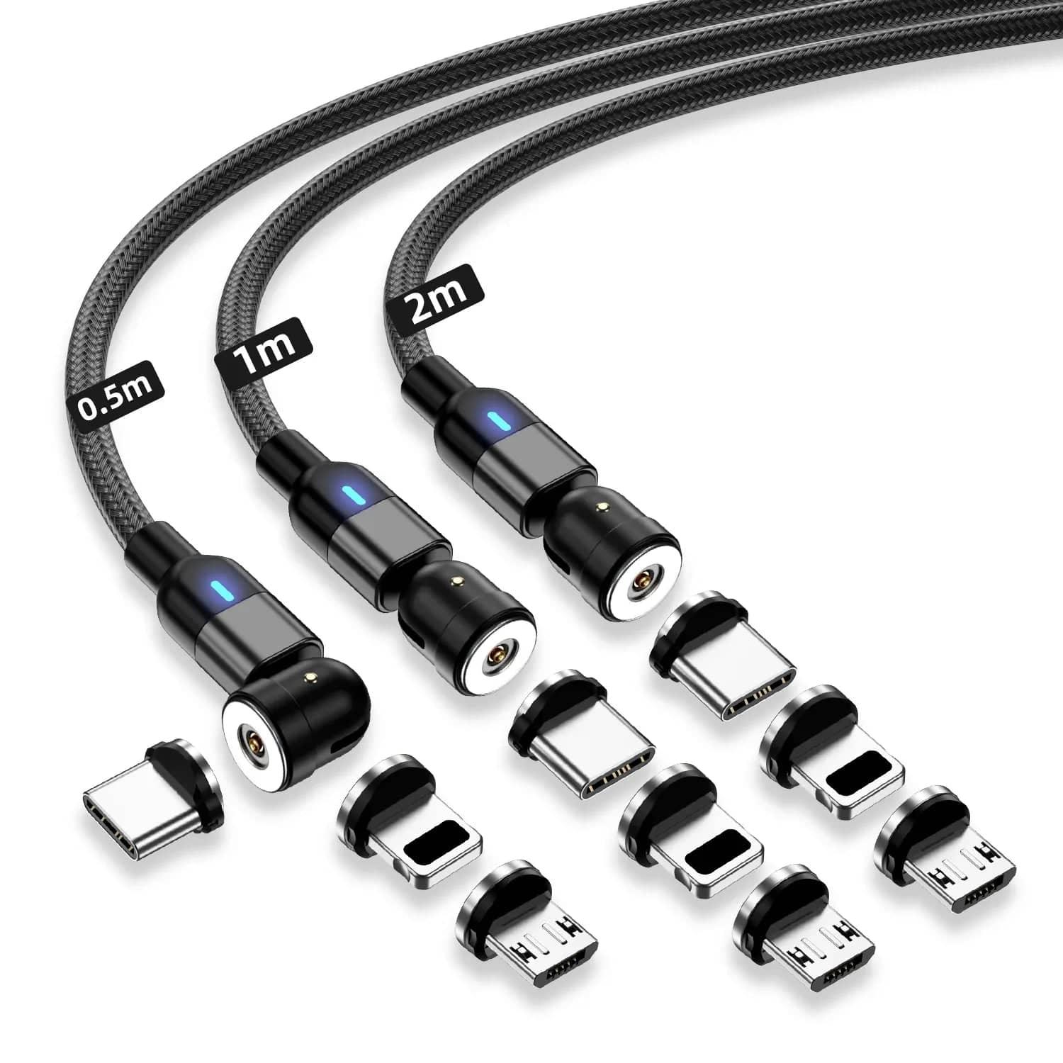 Magnetic Charging Cable 3‑Pack – 360° + 180° Rotating Head, Strong Magnetic Lock, LED Light, Nylon Braided (Normal Charging) - The Big Plus Store