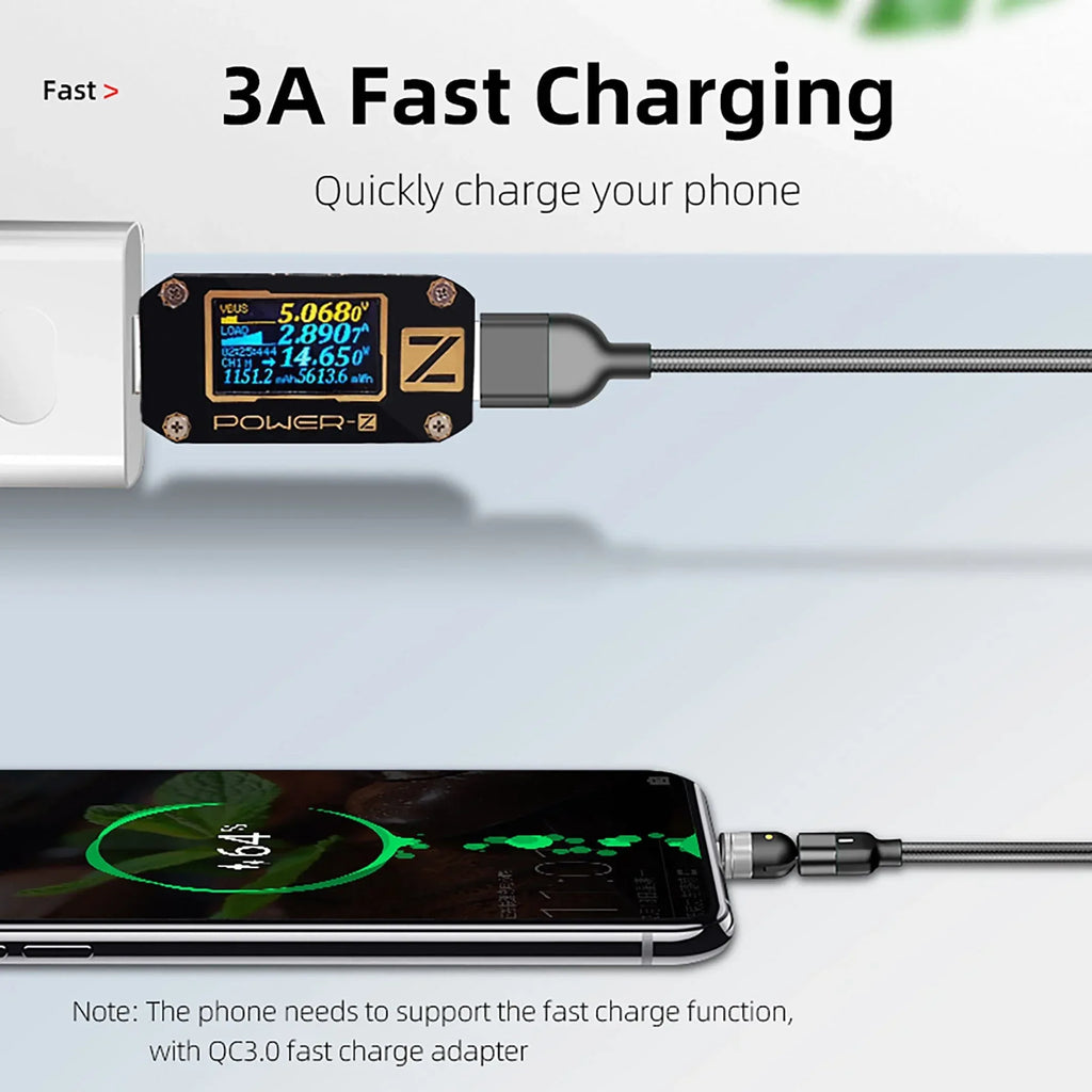 Magnetic Charging Cable 3‑Pack – 540° Rotating Head, Fast Charging (QC 3.0), Strong Magnetic Lock, Data Transfer, Nylon Braided (2M, 1M, 0.5M) - The Big Plus Store