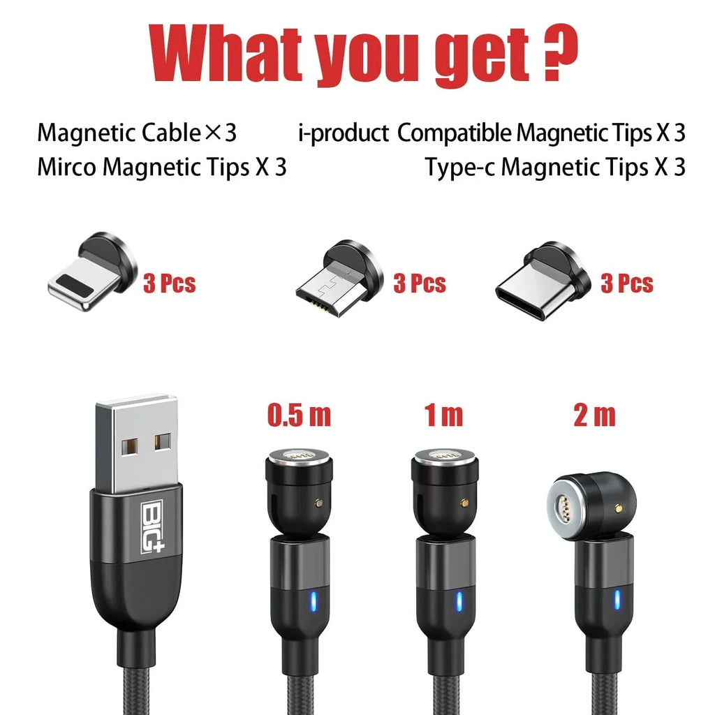 Magnetic Charging Cable 3‑Pack – 540° Rotating Head, Fast Charging (QC 3.0), Strong Magnetic Lock, Data Transfer, Nylon Braided (2M, 1M, 0.5M) - The Big Plus Store