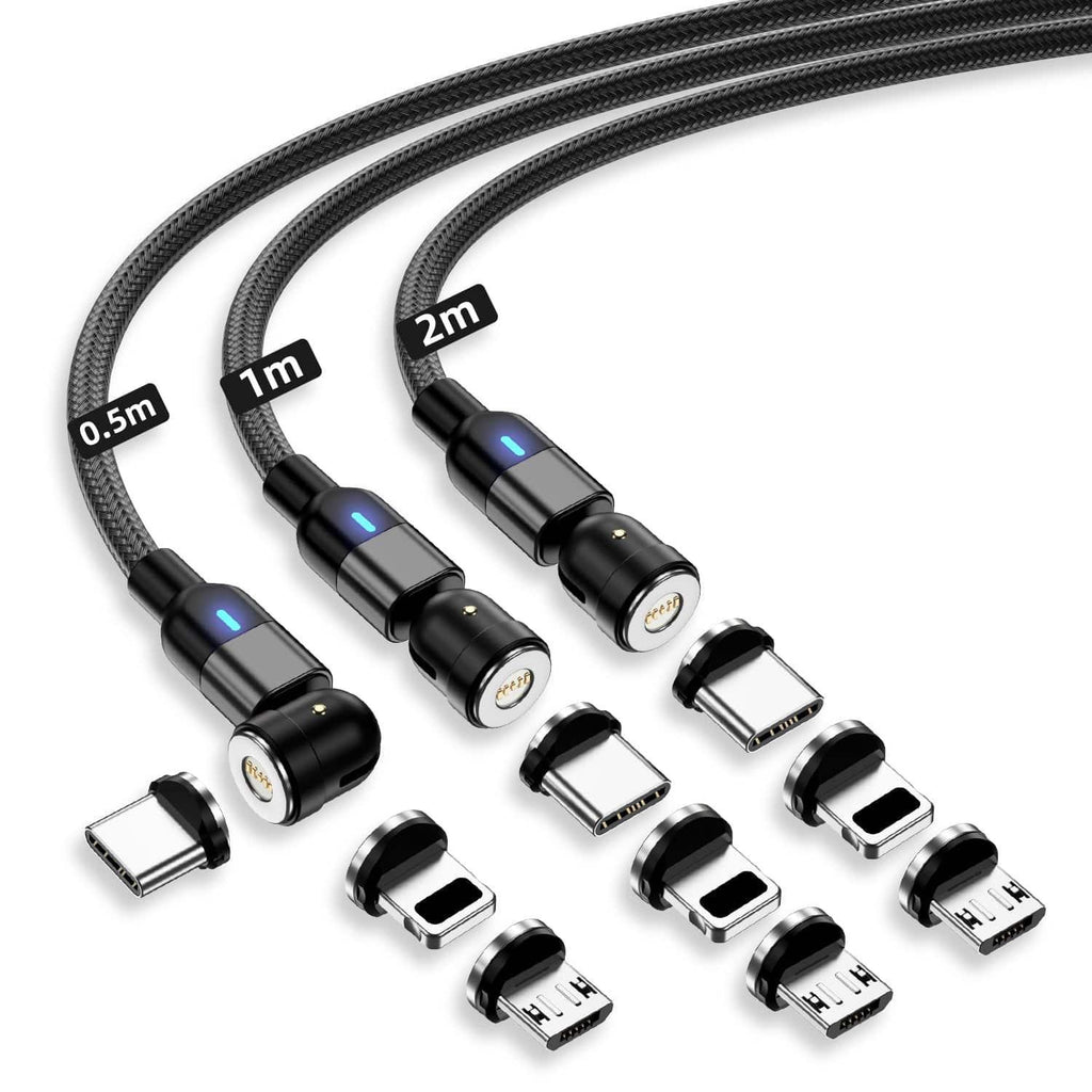 Magnetic Charging Cable 3‑Pack – 540° Rotating Head, Fast Charging (QC 3.0), Strong Magnetic Lock, Data Transfer, Nylon Braided (2M, 1M, 0.5M) - The Big Plus Store
