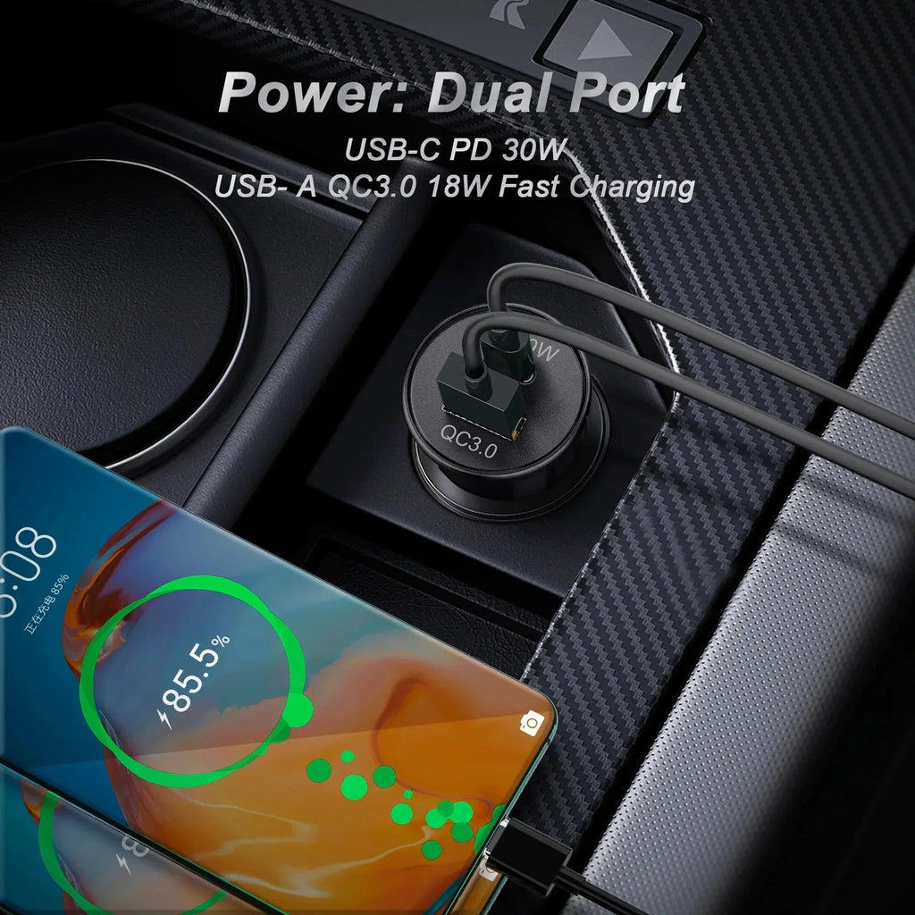 30W USB‑C PD + QC3.0 Car Charger – Dual‑Port Fast Charging, Metal Alloy, Compact Design BIG+ - The Big Plus Store