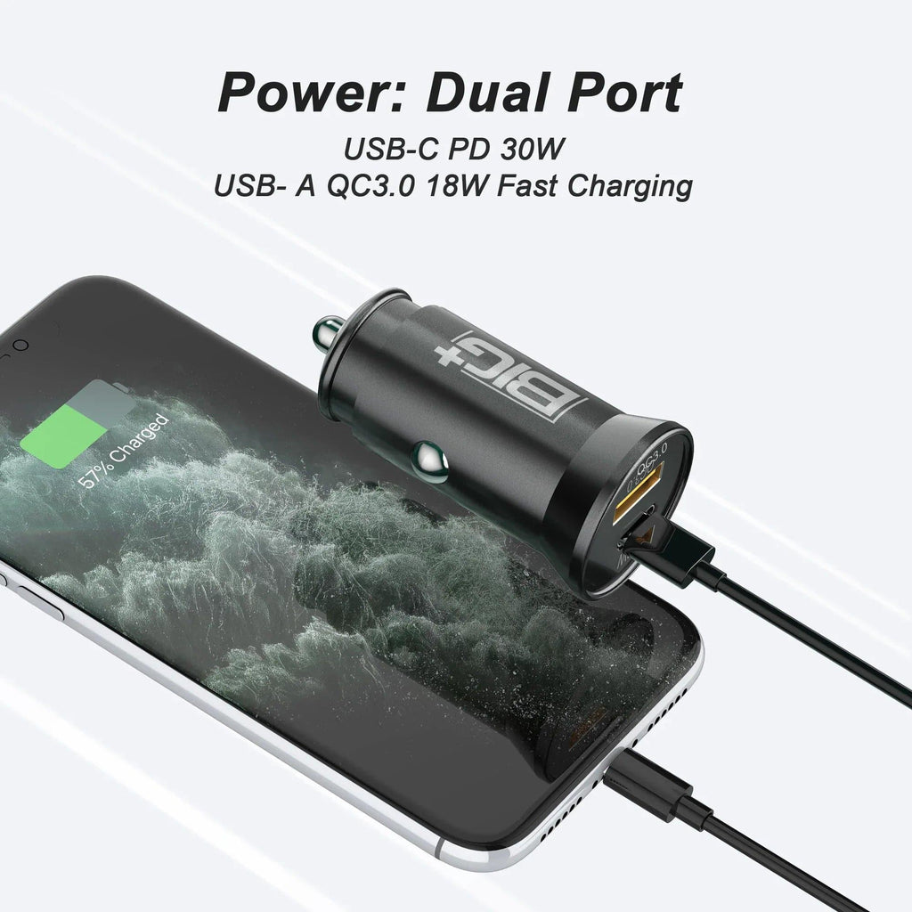 30W USB‑C PD + QC3.0 Car Charger – Dual‑Port Fast Charging, Metal Alloy, Compact Design BIG+ - The Big Plus Store