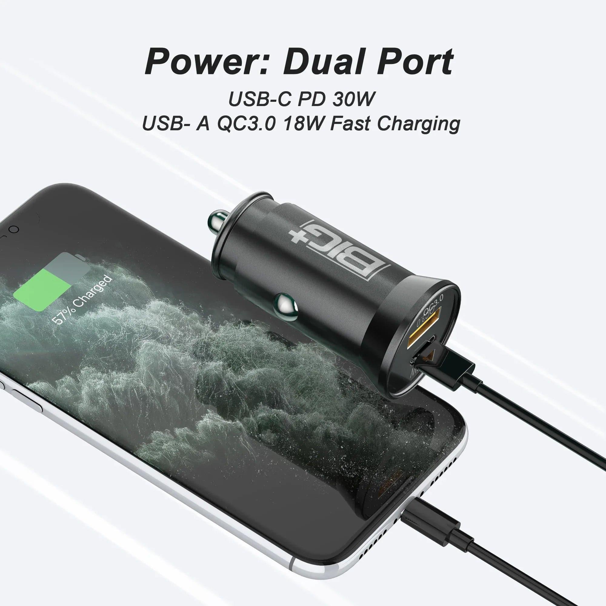 30W USB‑C PD + QC3.0 Car Charger – Dual‑Port Fast Charging, Metal Alloy, Compact Design BIG+ - The Big Plus Store