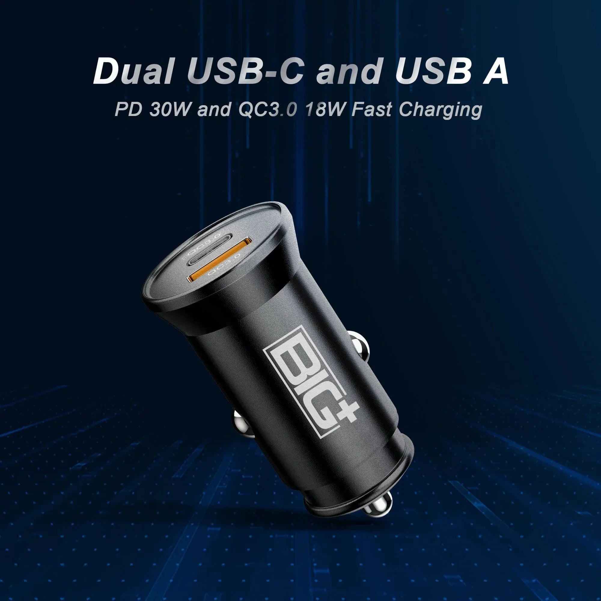 30W USB‑C PD + QC3.0 Car Charger – Dual‑Port Fast Charging, Metal Alloy, Compact Design BIG+ - The Big Plus Store