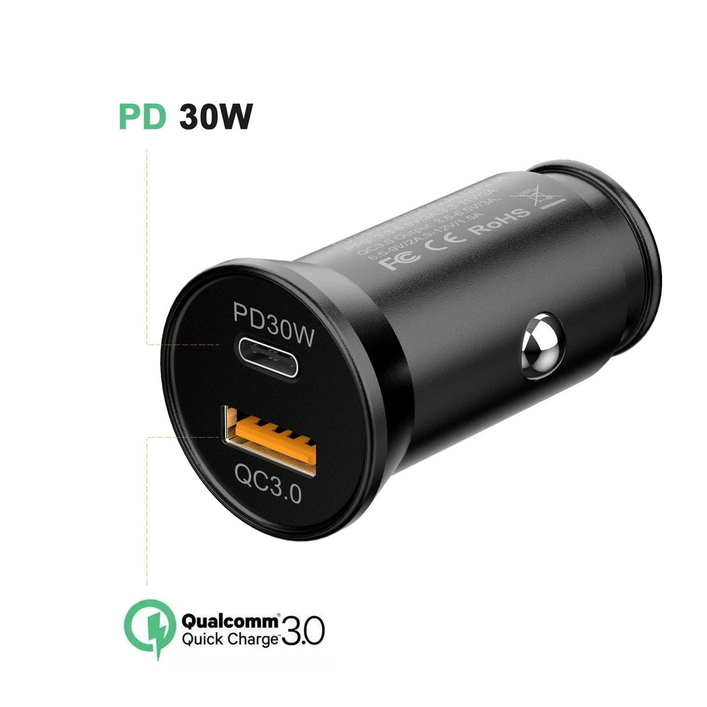 30W USB‑C PD + QC3.0 Car Charger – Dual‑Port Fast Charging, Metal Alloy, Compact Design BIG+ - The Big Plus Store