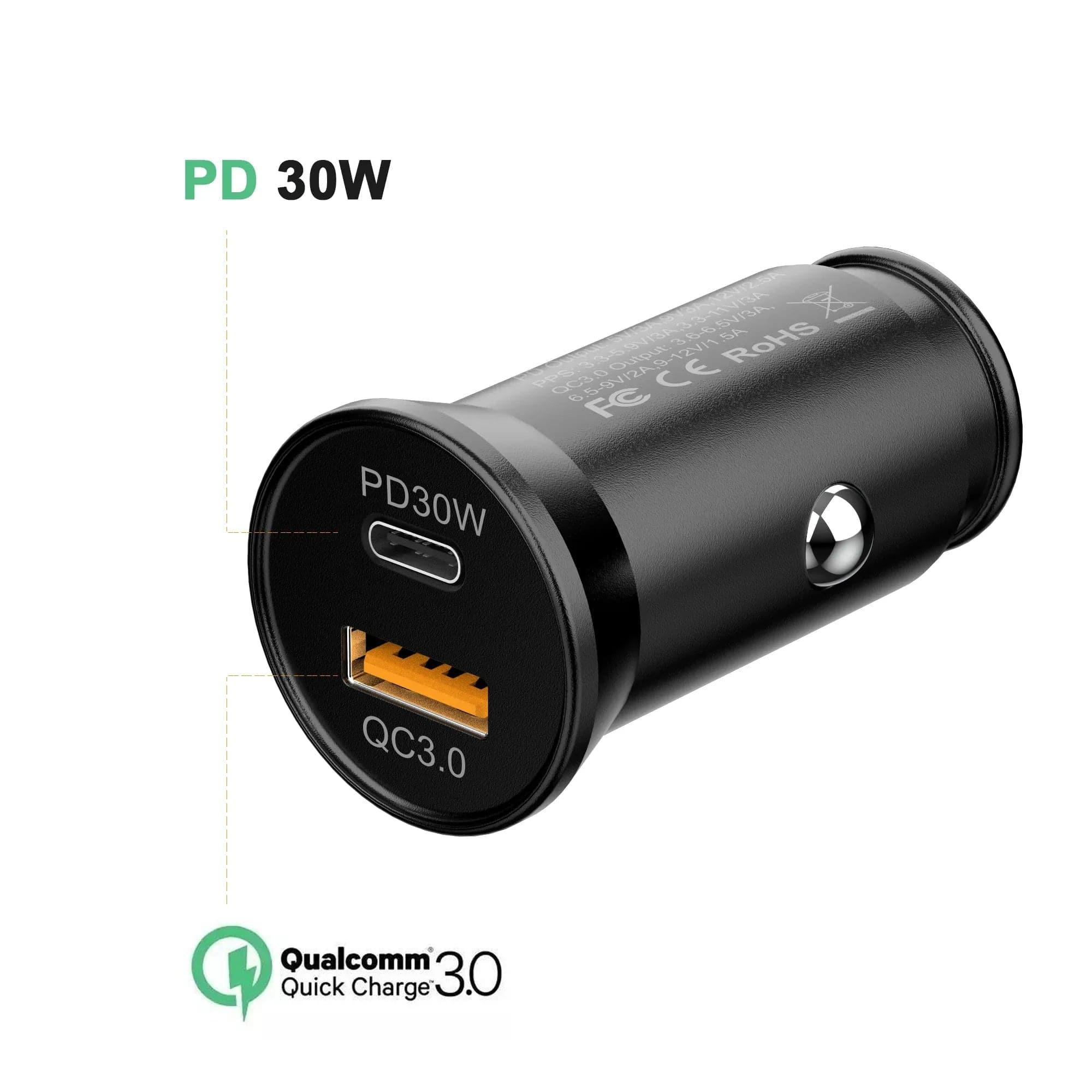 30W USB‑C PD + QC3.0 Car Charger – Dual‑Port Fast Charging, Metal Alloy, Compact Design BIG+ - The Big Plus Store